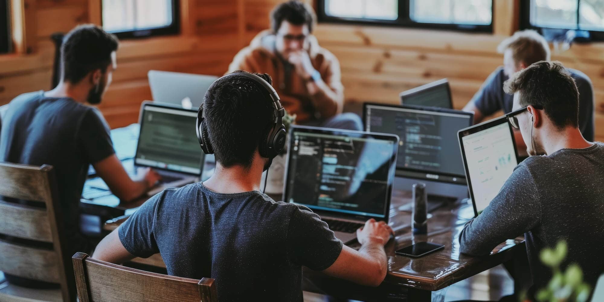 In-house software development team collaborating in a modern office